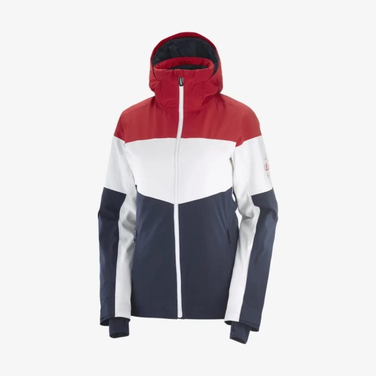 Red / White / Navy Salomon Slalom Insulated Hoodie Women's Ski Jackets | IE RS8563